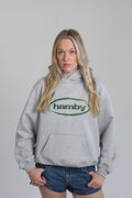 Model is wearing the hamby hoodie in ash grey. Hamby logo embroidery on centre chest in green. Hoodie is 480gsm, 100% cotton and it’s an oversize, slightly boxy fit. 